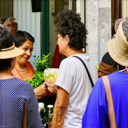 Local market scene with business owners and customers interacting.