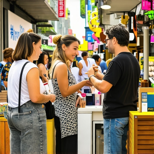Small business owners interacting with customers at a local market, symbolizing community and local relevance.